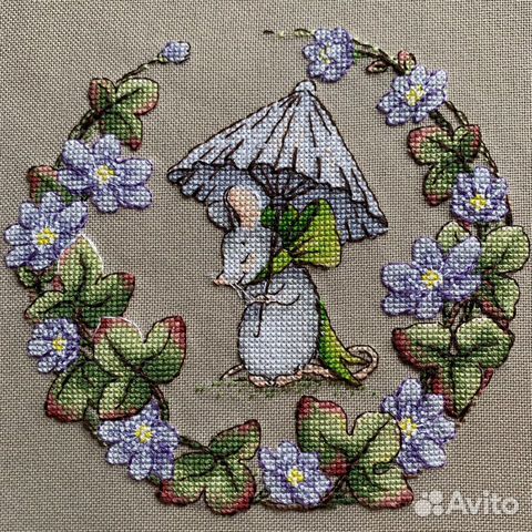 Вышивка крестом, картина, венок, мышка, цветы