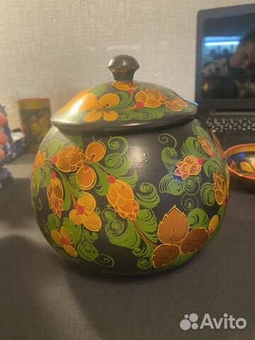 Горшок бочонок с крышкой. Хохлома+ половник