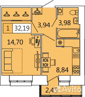 1-к квартира, 32 м², 4/11 эт.