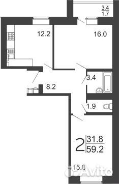 2-к квартира, 59.2 м², 1/10 эт.