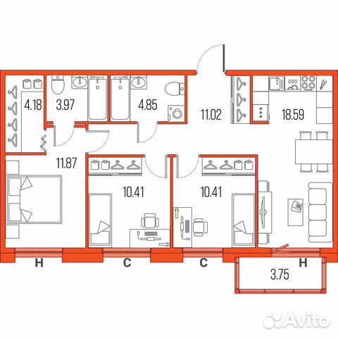 3-к квартира, 75.3 м², 21/22 эт. 3-к квартира, 75.3 м², 21/22 эт.