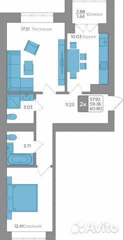 2-к квартира, 60 м², 2/9 эт. 2-к квартира, 60 м², 2/9 эт.
