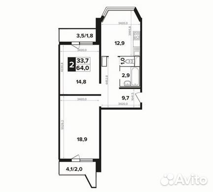 2-к квартира, 64.2 м², 2/17 эт.