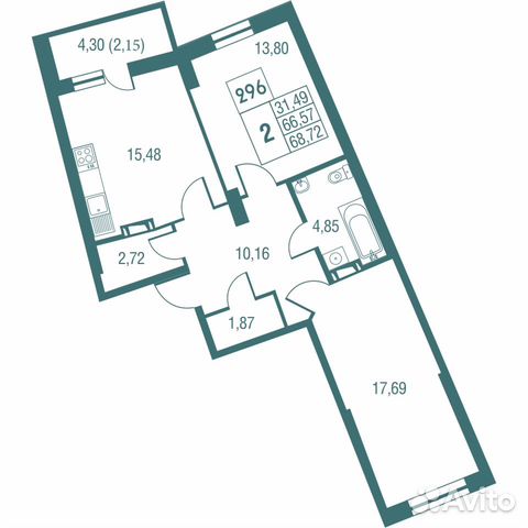 2-к квартира, 68.7 м², 16/25 эт.