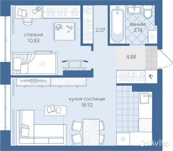 1-к квартира, 40.4 м², 2/4 эт.