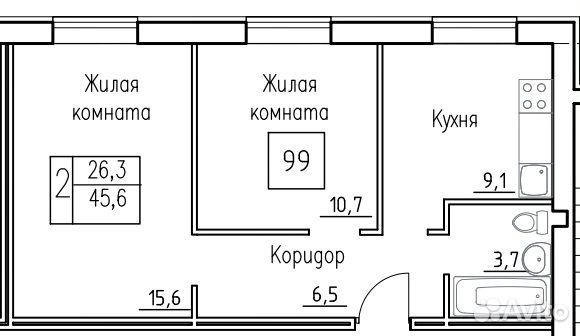 2-к квартира, 45.6 м², 1/3 эт.
