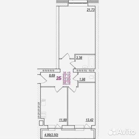 2-к квартира, 63.7 м², 2/5 эт.