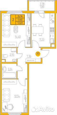 2-к квартира, 53.7 м², 1/9 эт.