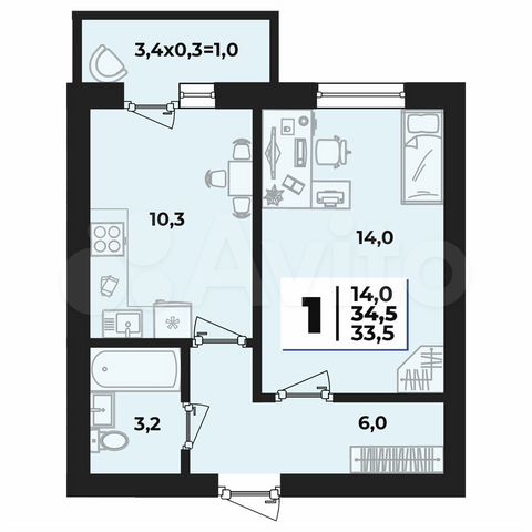 1-к. квартира, 34,5 м², 4/5 эт.