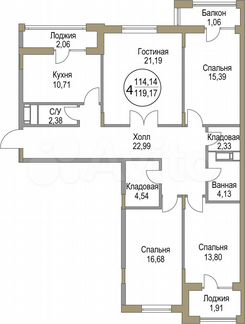 4-к квартира, 119.2 м², 5/19 эт.