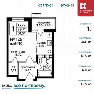 1-к квартира, 31.5 м², 13/17 эт.