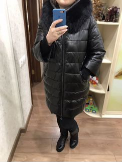 Кожаная куртка пуховик 48