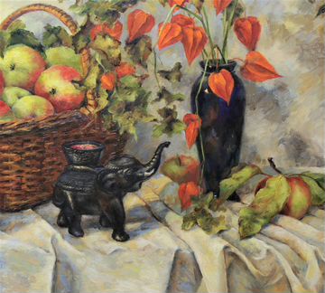 Физалис, яблоки, слоник. Масло, холст, 60х70 см