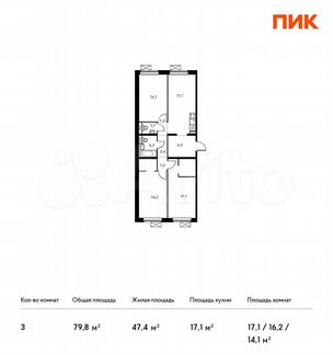 3-к квартира, 79.8 м², 12/16 эт.